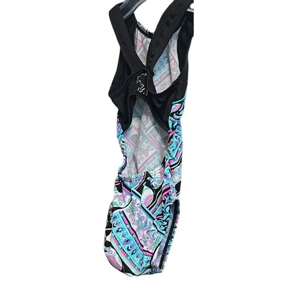 SNOWFLAKE RACERBACK & SPLITBACK GYMNAST, DANCE LEOTARD-CHILD S-MULTICLR-BLK TRIM - Picture 7 of 9